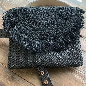 Black belted bohemian boho bag small medium Fanny pack belt bag straw